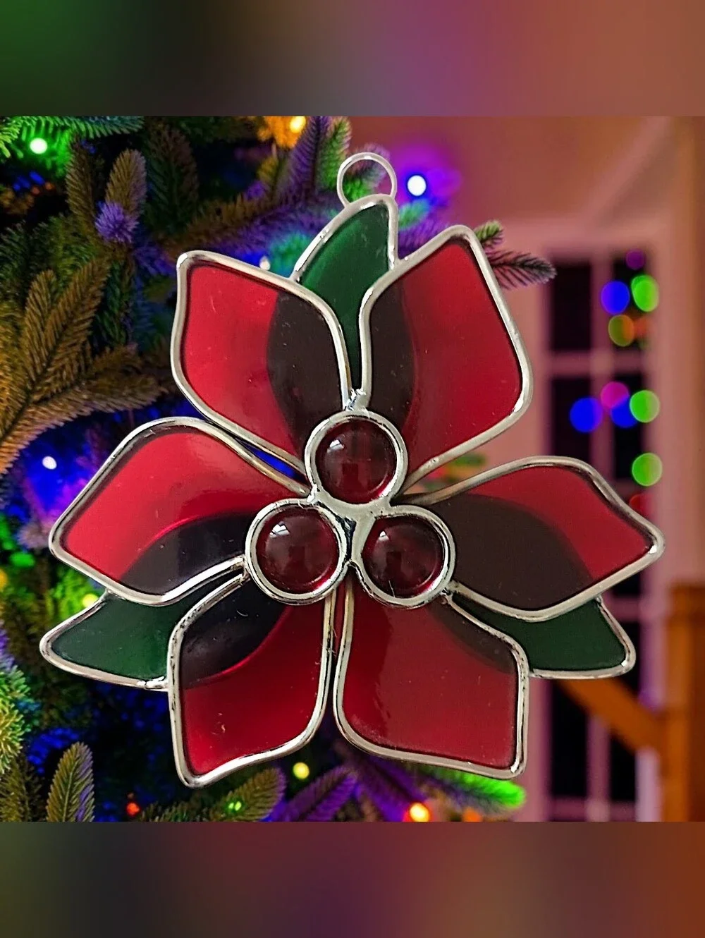 Vintage Stained Glass Poinsettia Suncatcher Ornament Christmas Window Red Green
